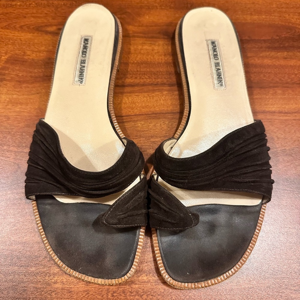 Manolo Blahnik Black Slide Sandals with Pleated Detail